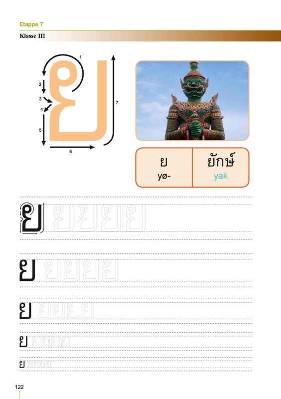 Schreibübung zum Thai Konsonanten yø-yak mit Illustration